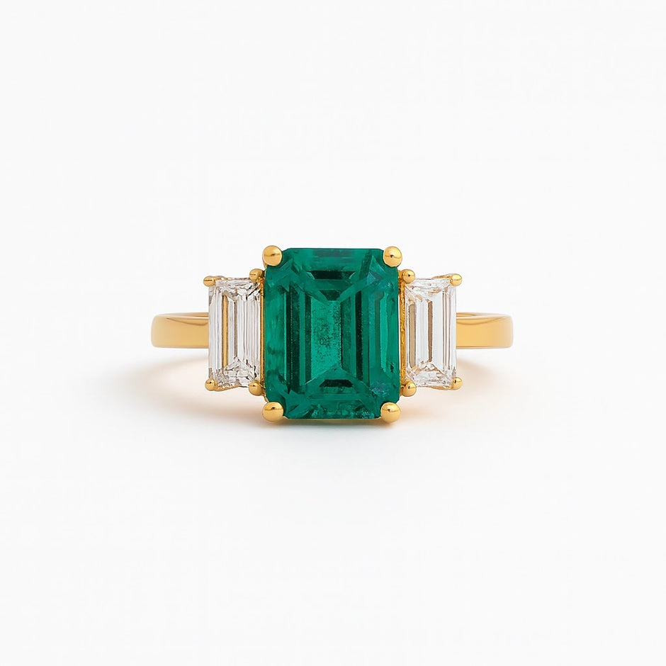 Oval Emerald and Diamond-Shoulder Ring - angled view