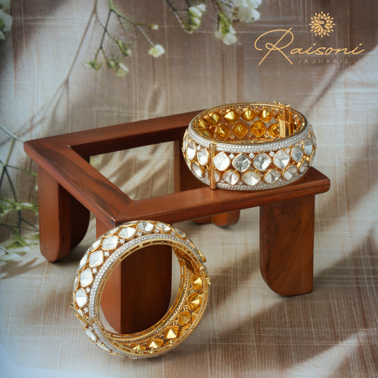 Floral Polki Lab Diamond Heritage Glowing Bangles