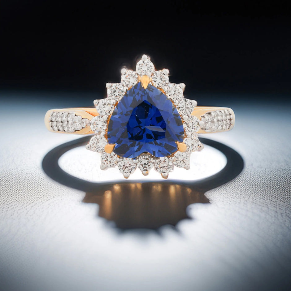 Noctis Heart Sapphire Starburst Halo Ring — front view