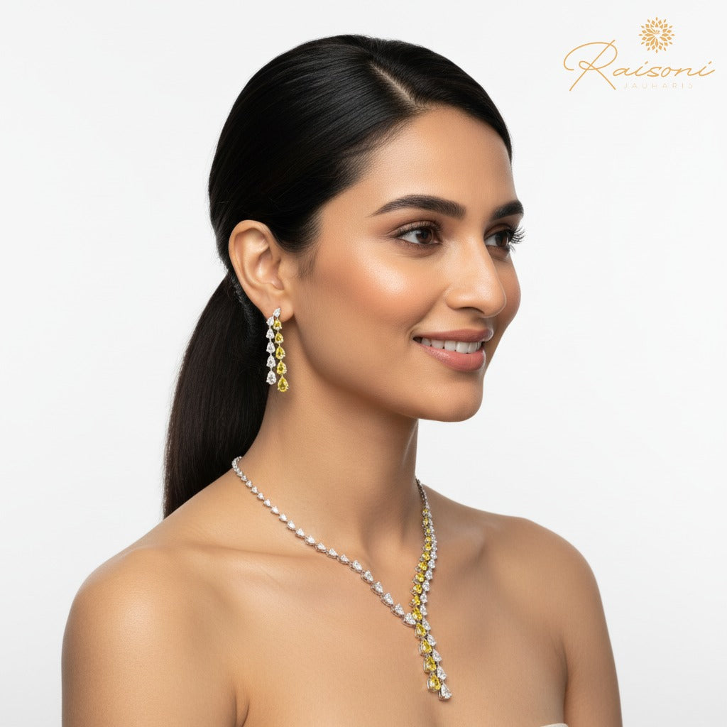 Two-Tone Lab Diamond & Yellow Sapphire Necklace Set for Women – With Earrings, 14K White Gold