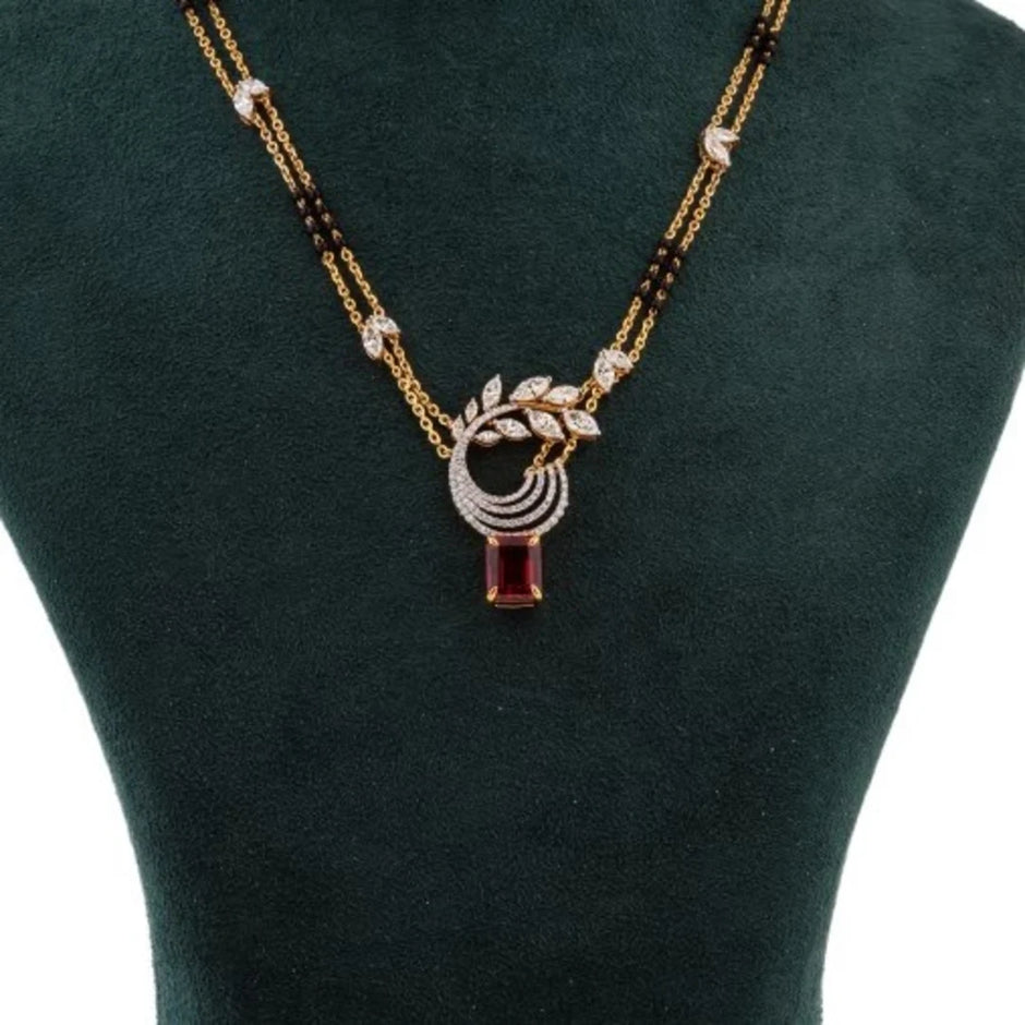 Colourstone Centre Mixed-Cut Diamond Black-Bead Mangalsutra Necklace