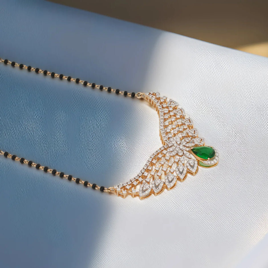 Colourstone Centre Round Diamond Black-Bead Mangalsutra Necklace