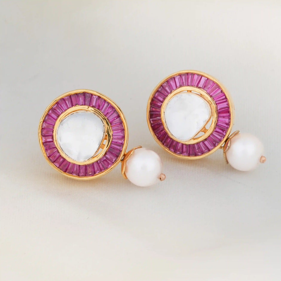 Raani Pink Baguette Halo Pearl Drop Earrings