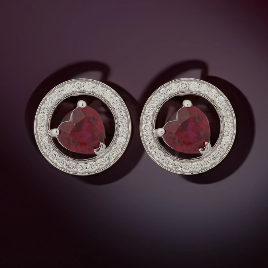 Rubyelle Pear Red Gemstone Circle Halo Diamond Stud Earrings