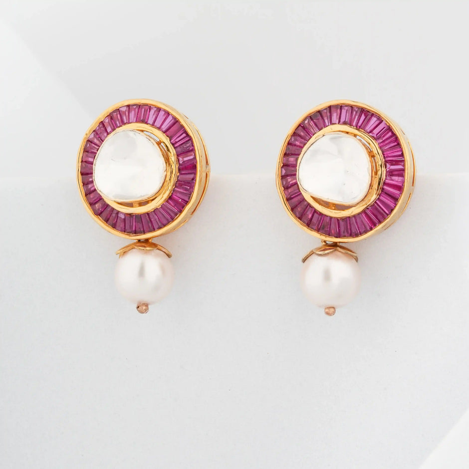 Raani Pink Baguette Halo Pearl Drop Earrings