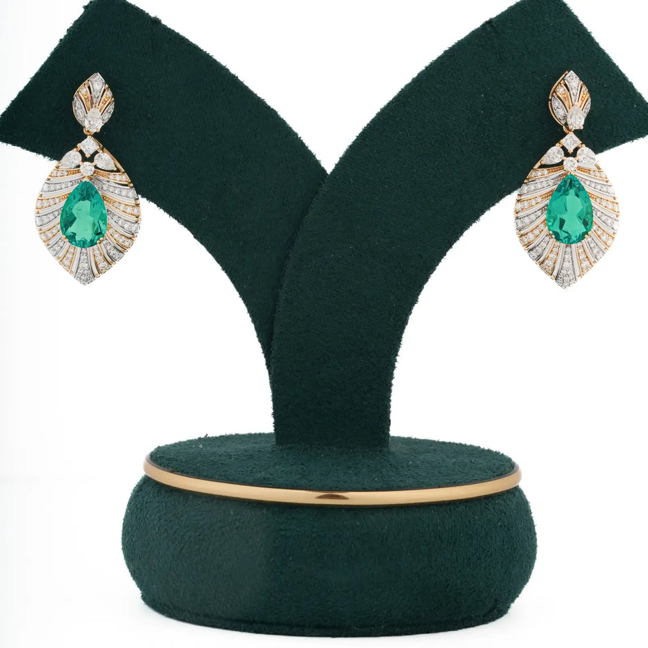 Verdalia Pear Green Gemstone Sunburst Diamond Drop Earrings