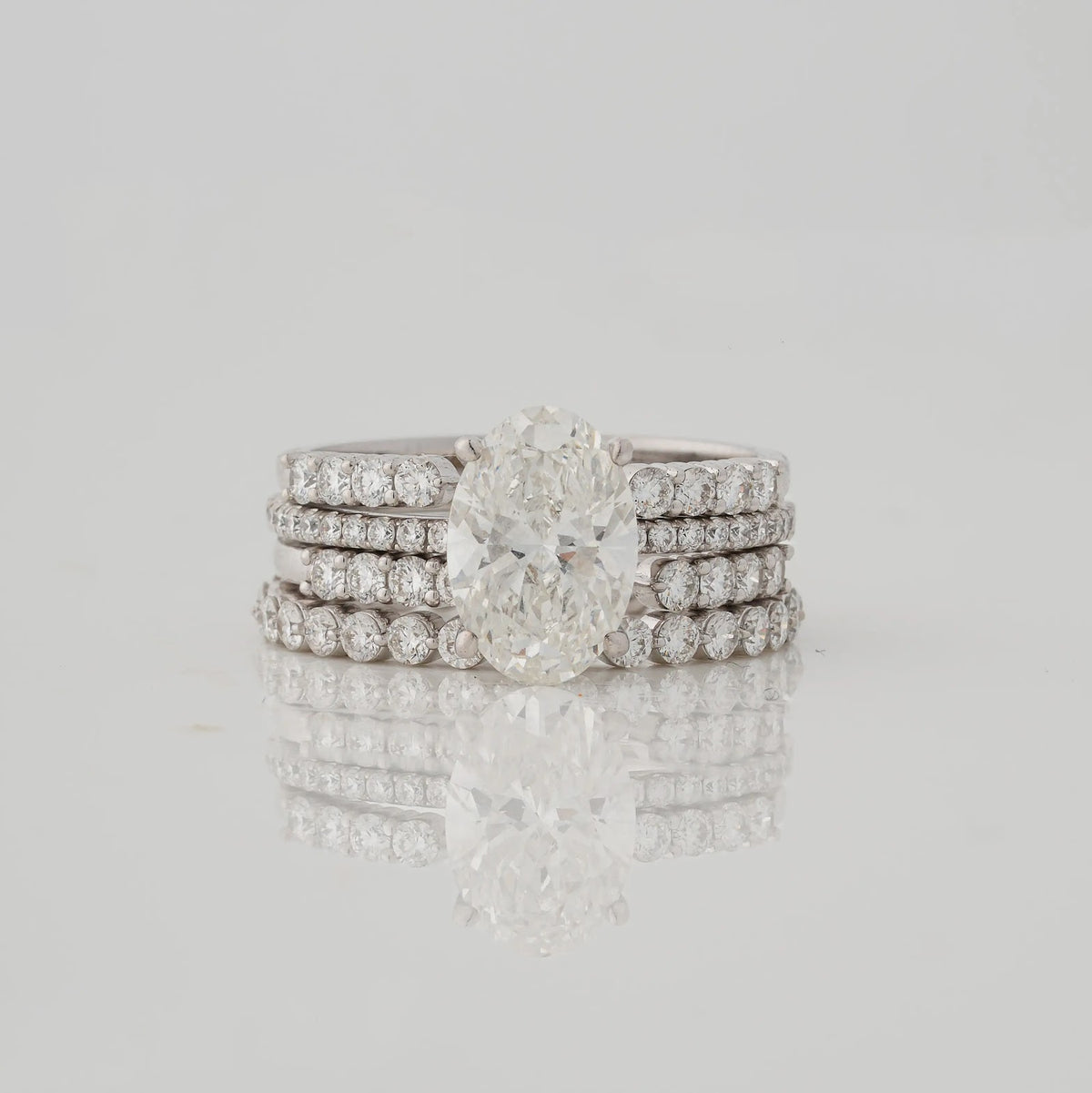 Oval Diamond and Emerald Stacked Ring - front view
