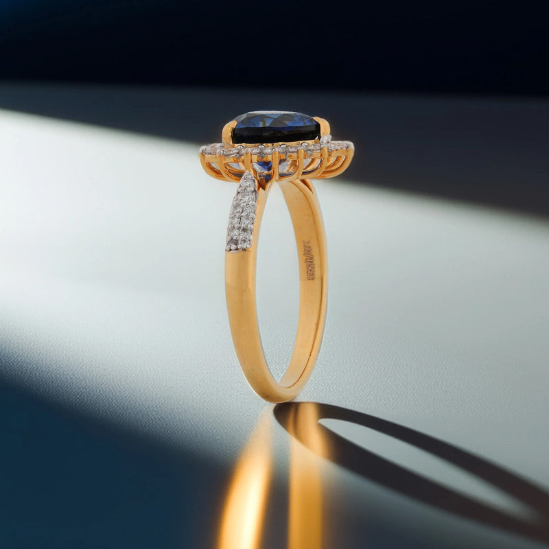 Noctis Heart Sapphire Starburst Halo Ring — profile view