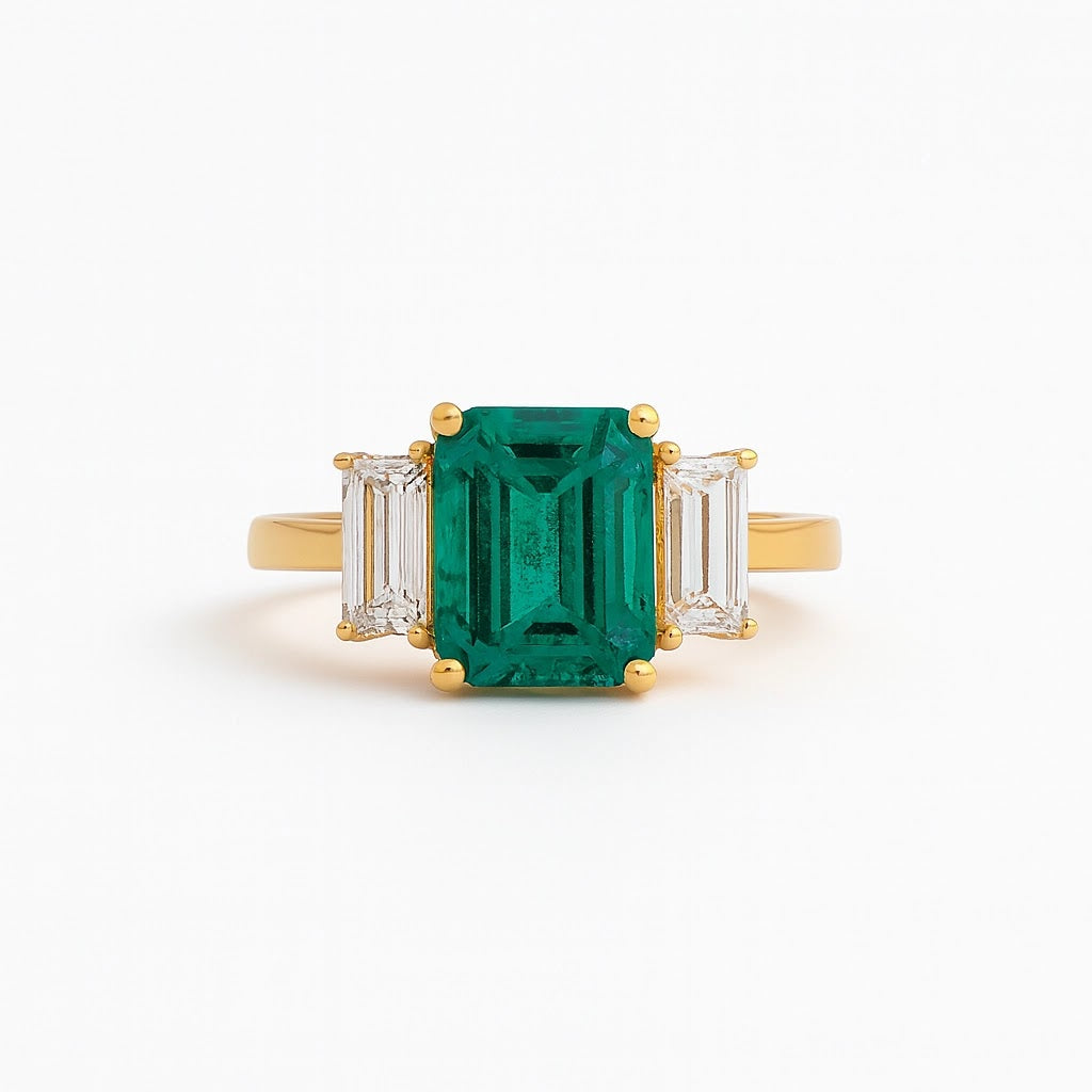 Oval Emerald and Diamond-Shoulder Ring - angled view