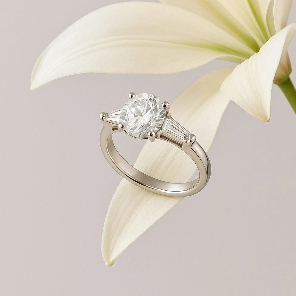 Avenor Round Baguette-Side Three-Stone Ring — editorial view