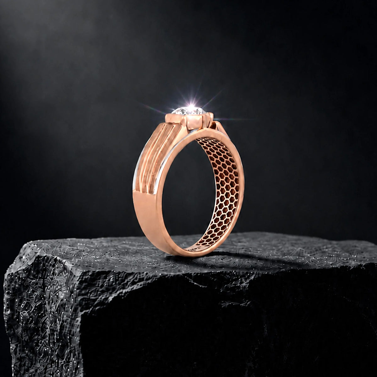 Atlas Round Diamond Ribbed Signet Ring — editorial view