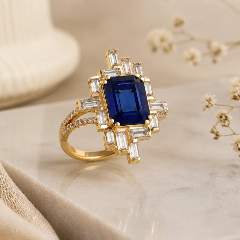 Sapphira Emerald-Cut Sapphire Baguette Halo Ring — editorial view