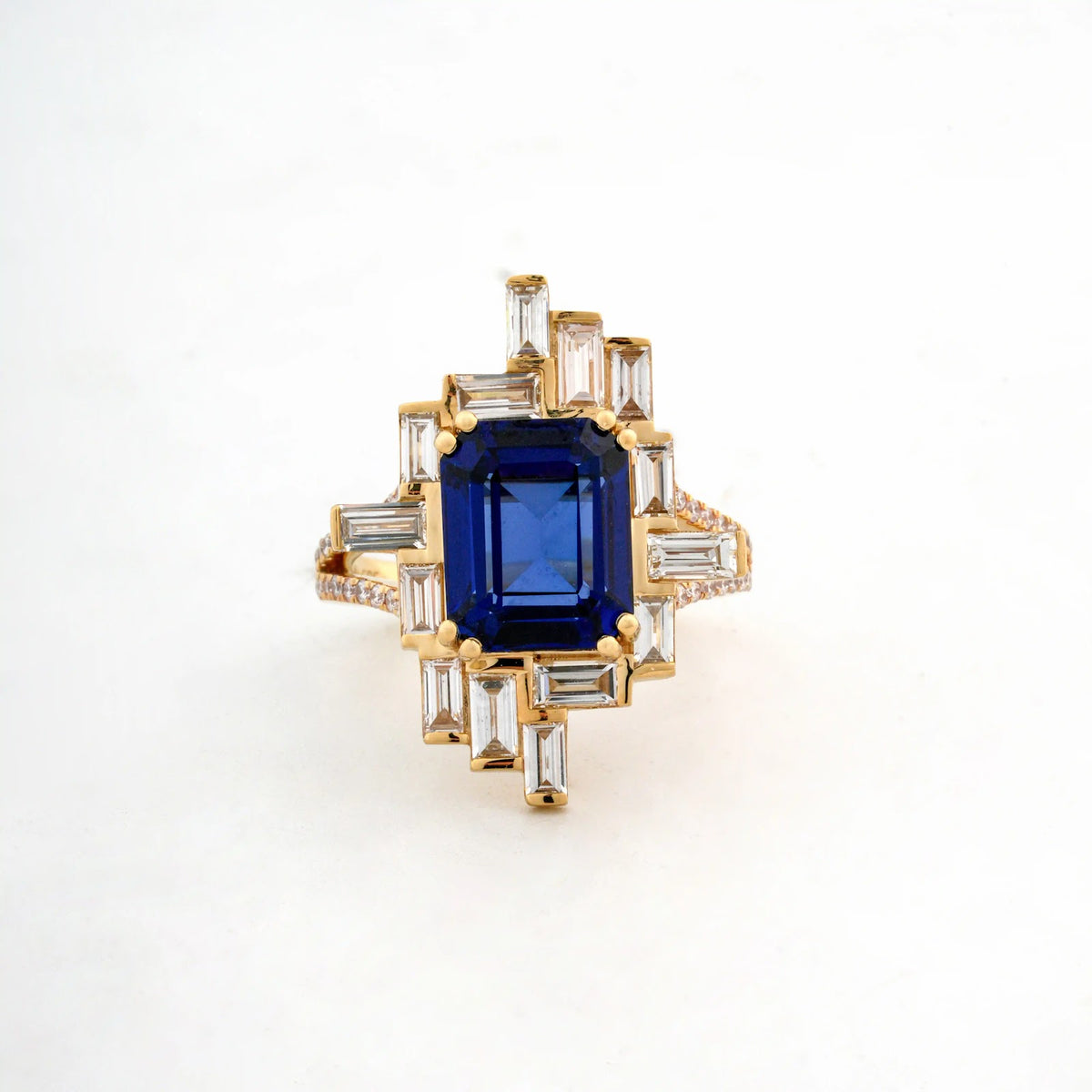 Sapphira Emerald-Cut Sapphire Baguette Halo Ring — front view