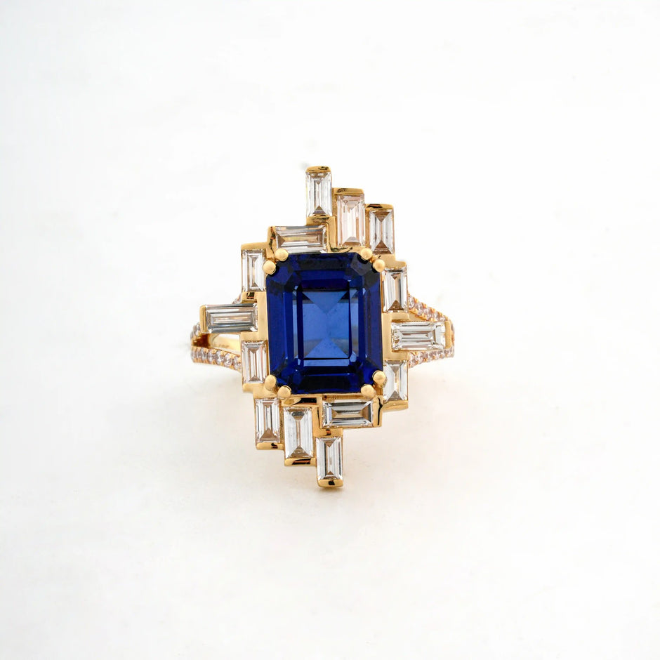 Sapphira Emerald-Cut Sapphire Baguette Halo Ring — front view
