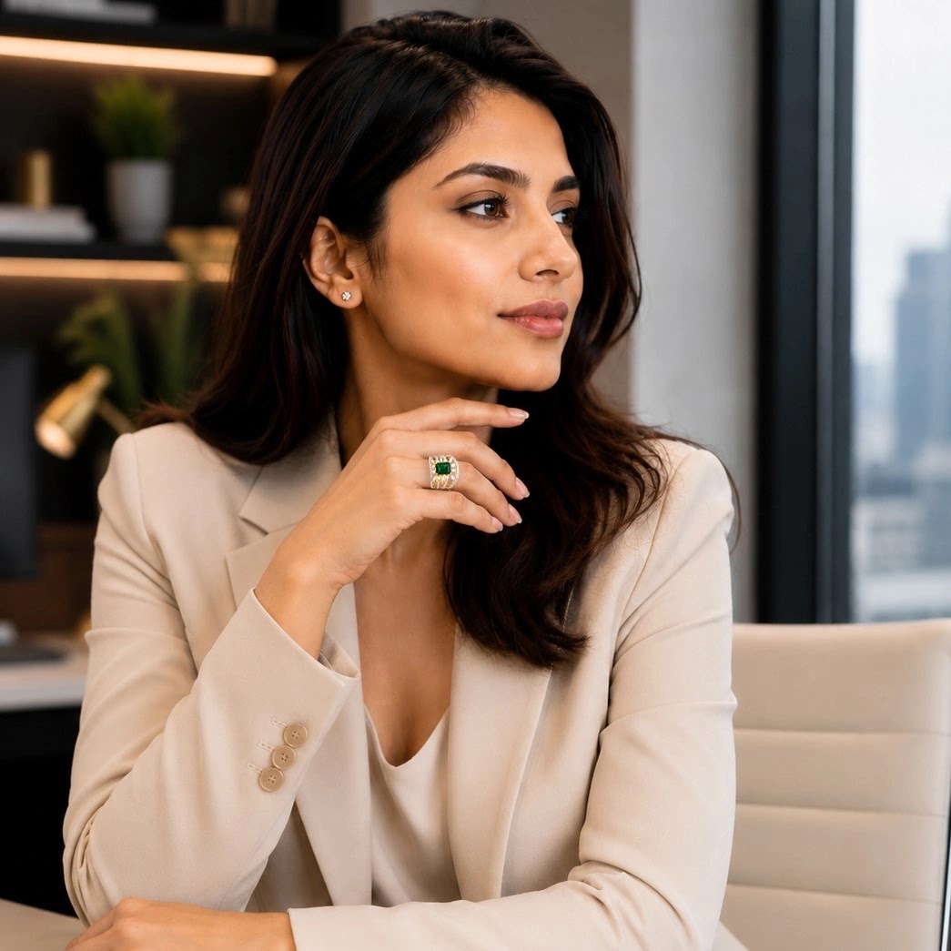 Verdance Emerald Multi-Row Statement Ring — worn view