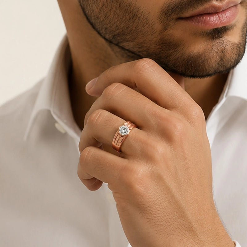 Atlas Round Diamond Ribbed Signet Ring — worn view