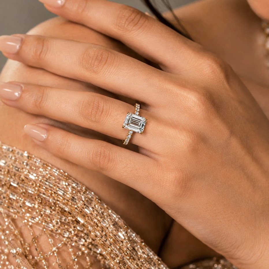 Arden Emerald-Cut Pavé Solitaire Ring — worn view