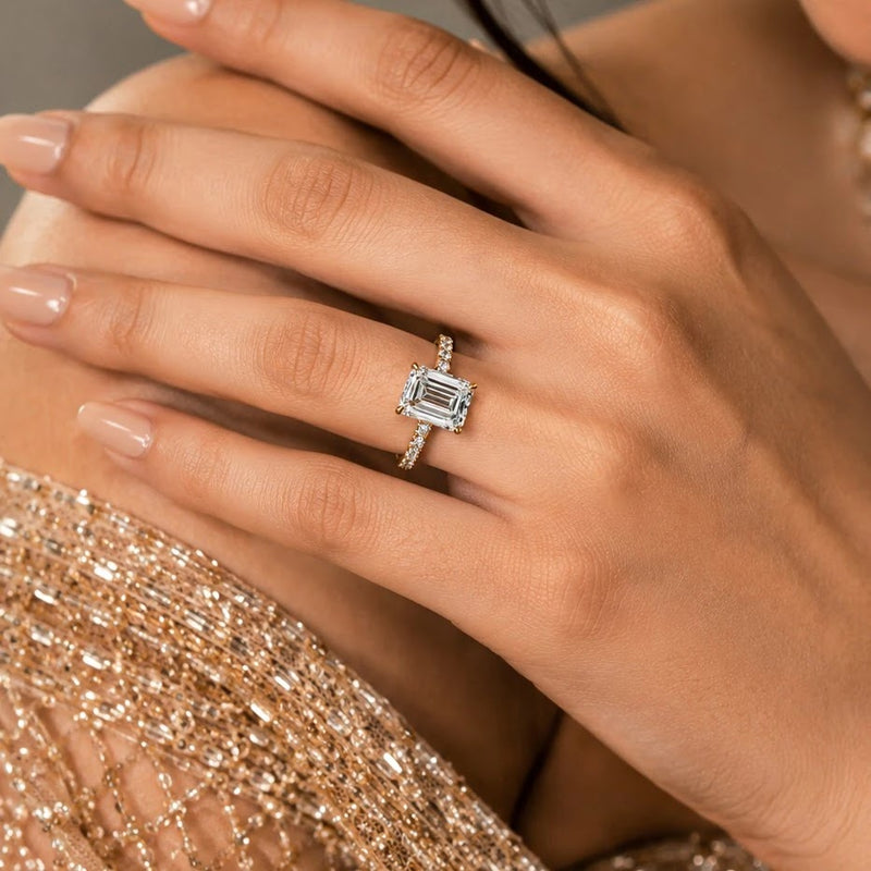 Arden Emerald-Cut Pavé Solitaire Ring — worn view