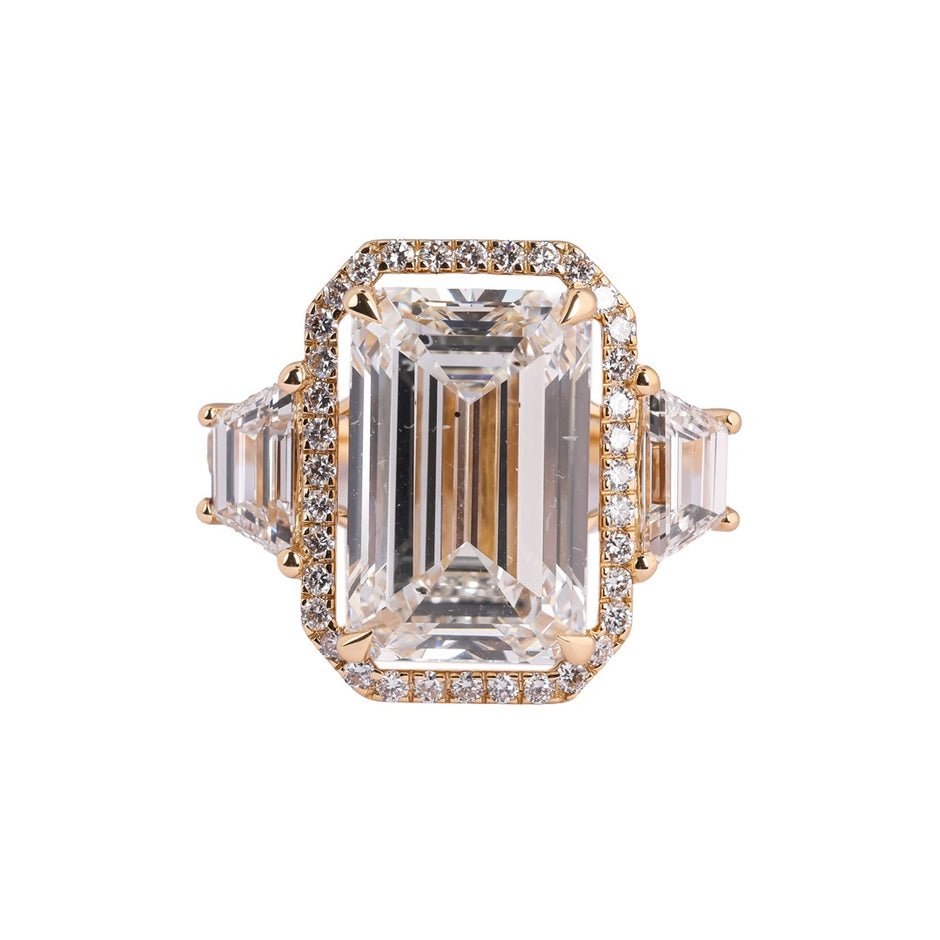 Grand Avenue Emerald Halo Three-Stone Ring — view 1