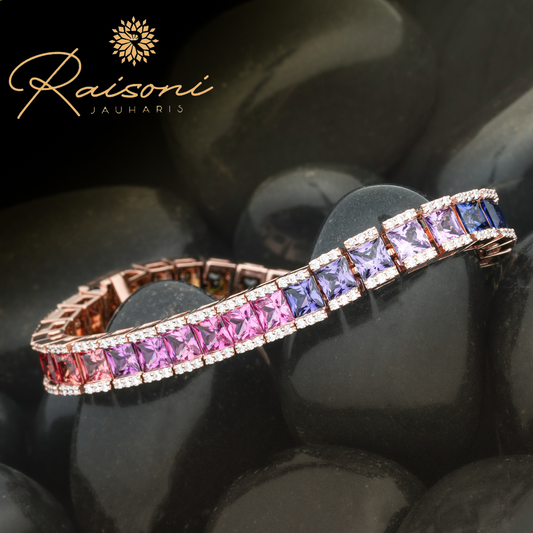 Princess Cut Multi Color Sapphire Tennis Bracelet in Gold For Women