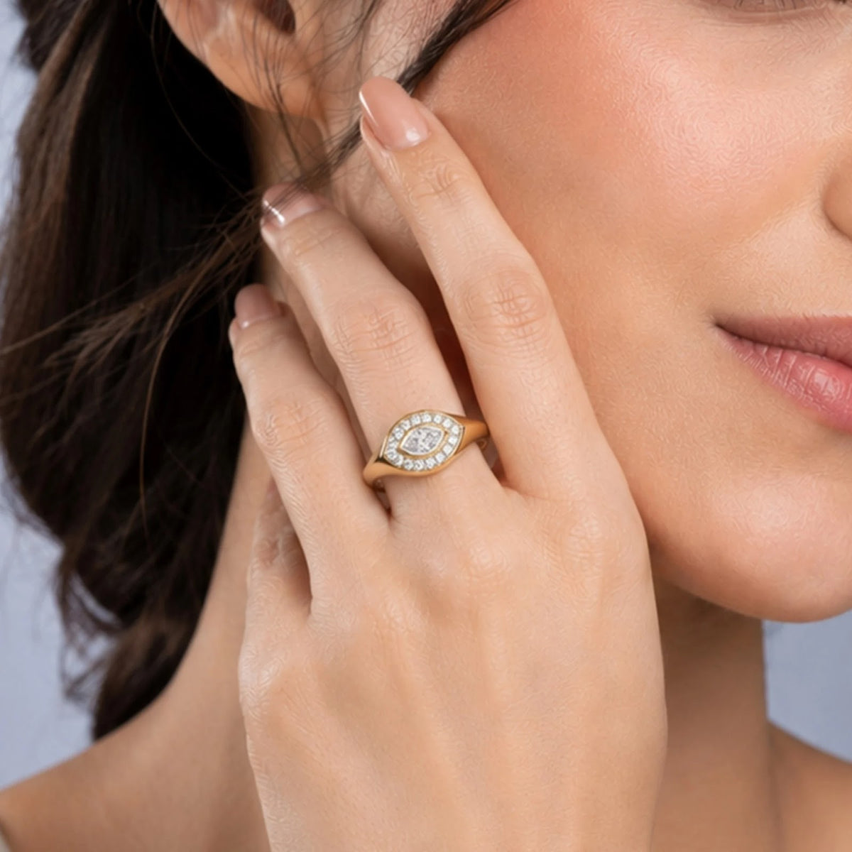 Aegis Marquise Eye Halo Signet Ring — worn view