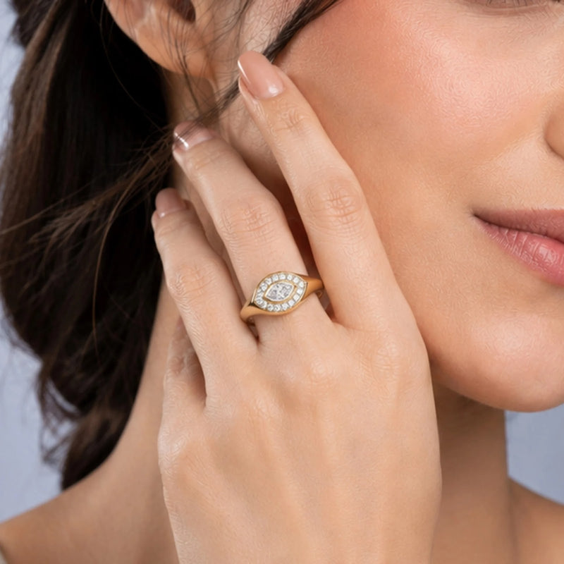 Aegis Marquise Eye Halo Signet Ring — worn view