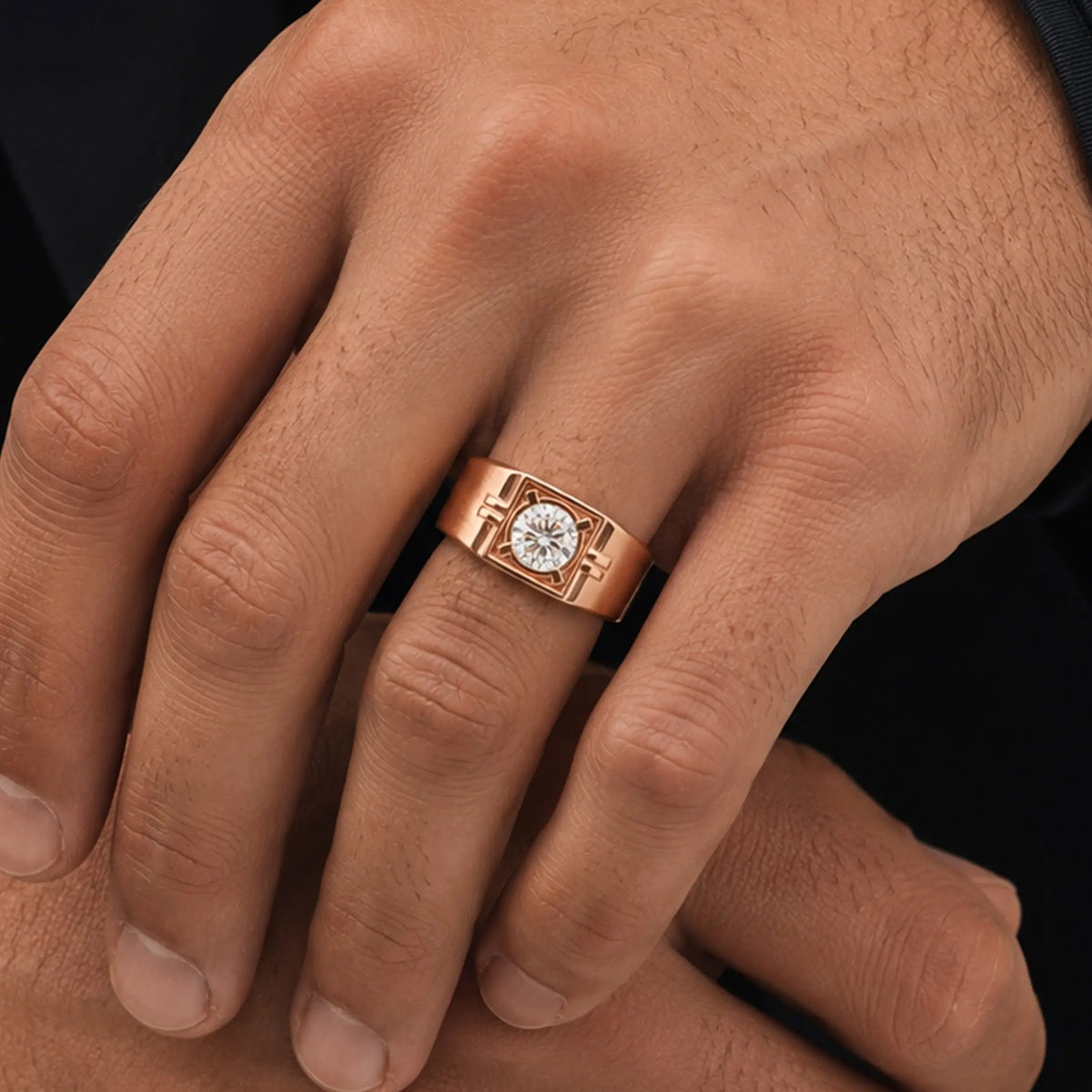 Bastion Round Diamond Framed Signet Ring — worn view