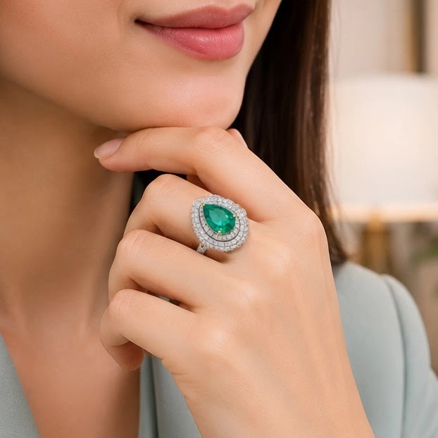 Viridia Pear Emerald Halo Statement Ring — worn view