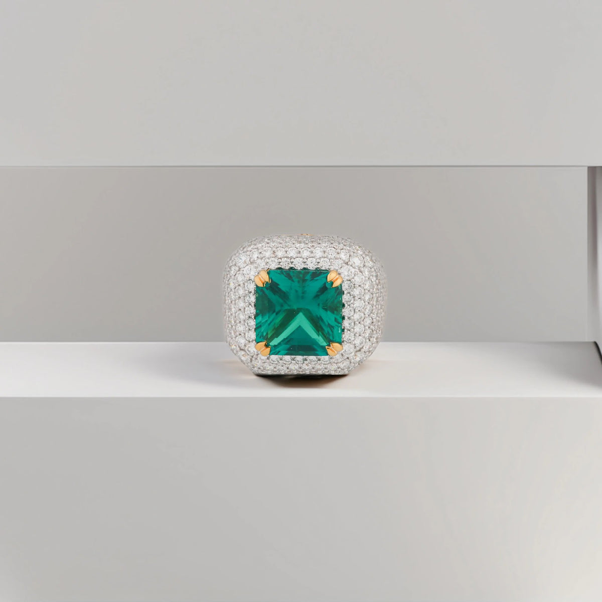 Esmera Square Emerald Pavé Signet Ring — front view