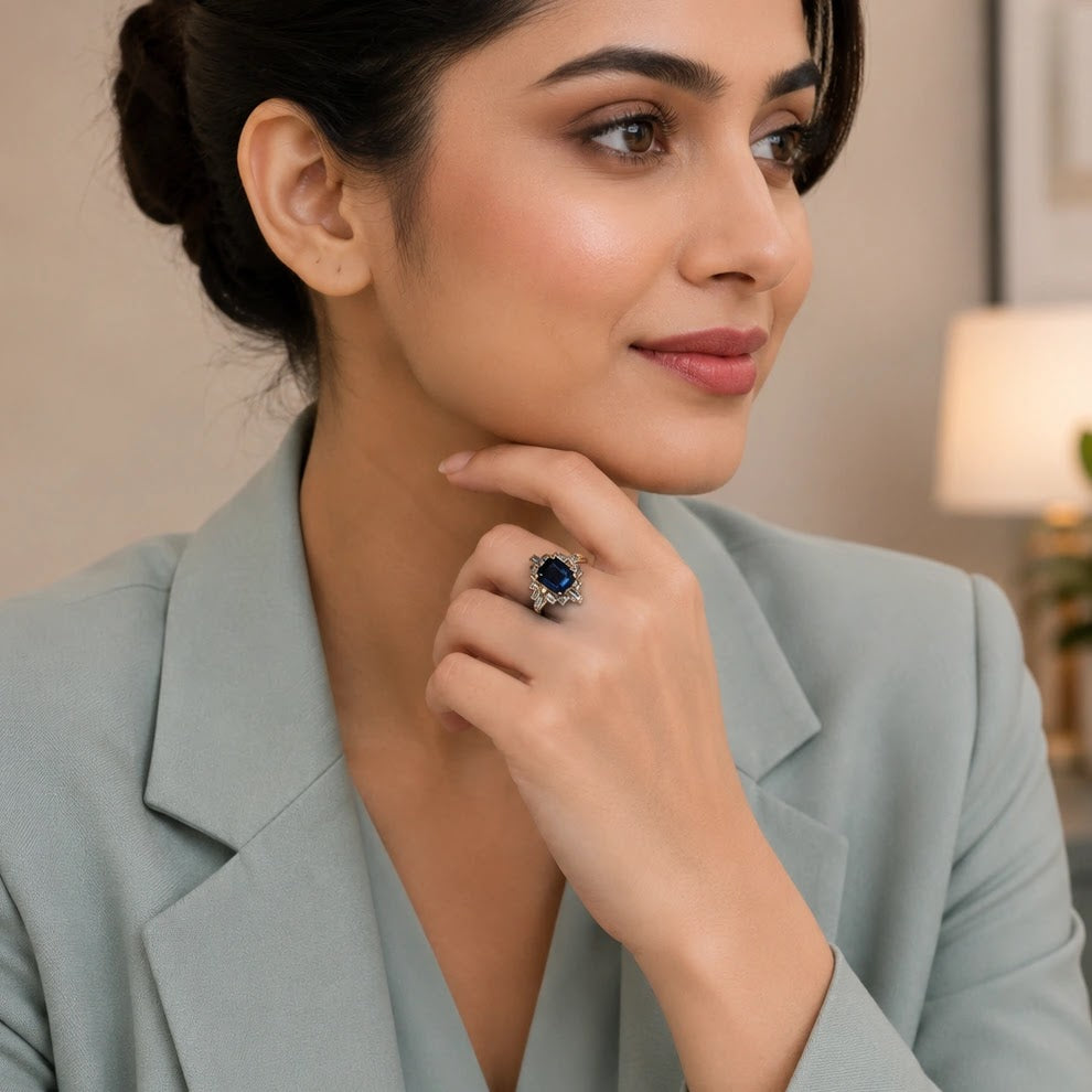 Sapphira Emerald-Cut Sapphire Baguette Halo Ring — worn view
