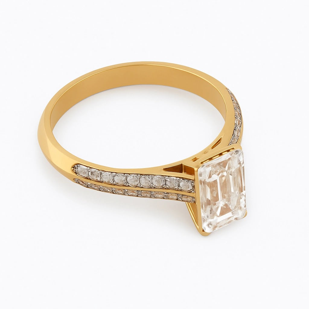 Meridian Emerald-Cut Double-Pavé Ring — angled view