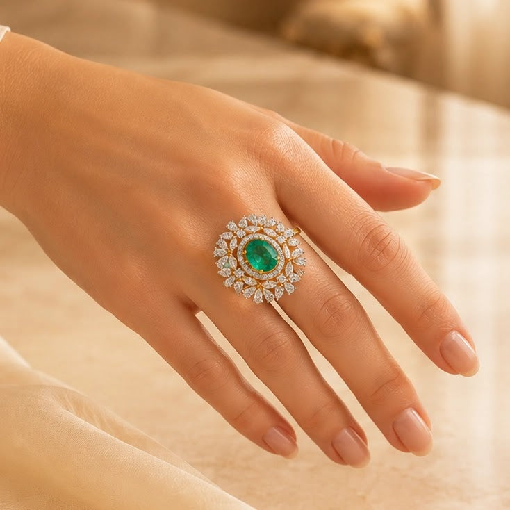 Regalia Oval Gemstone Sunburst Diamond Ring — worn view