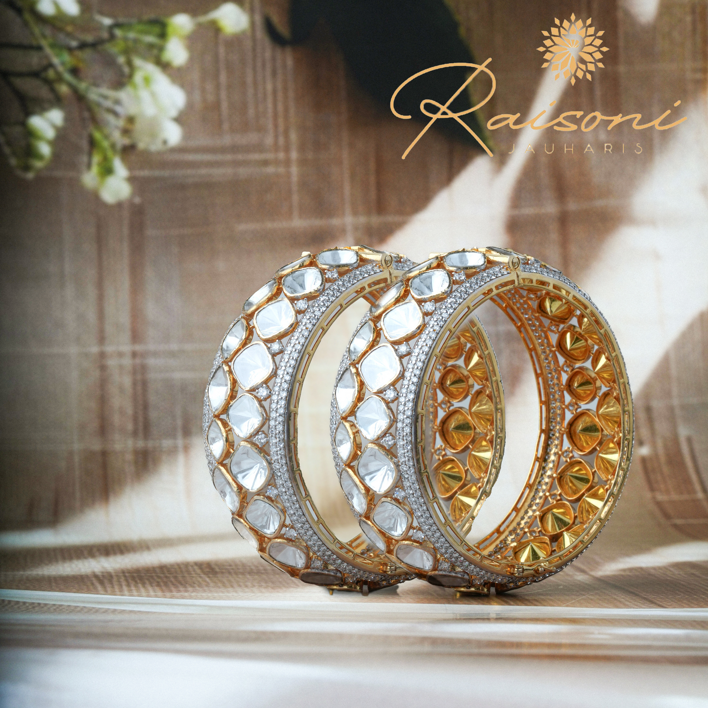 Floral Polki Lab Diamond Heritage Glowing Bangles
