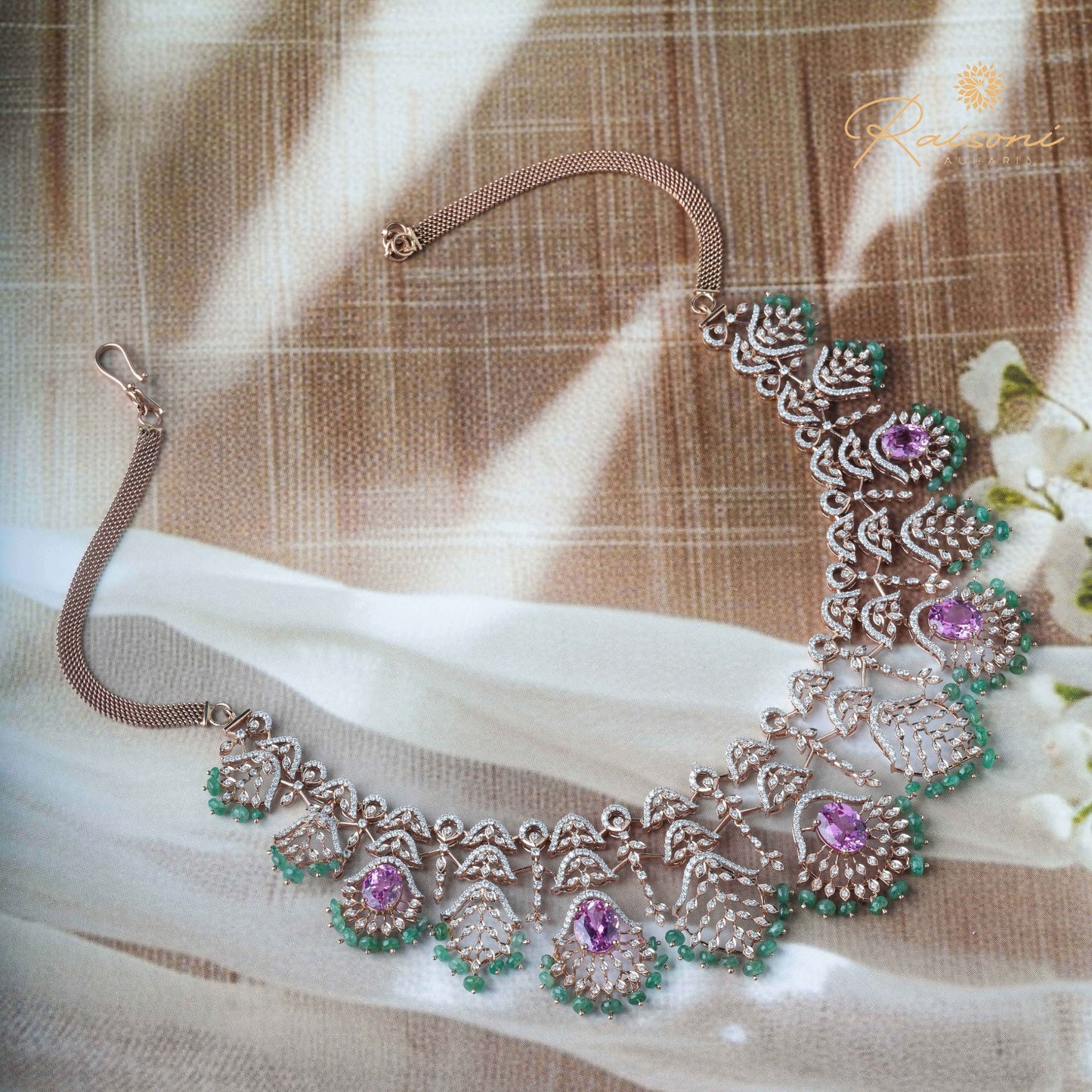 Royal Colombian Pink & Green Moti Lab Diamond Necklace Set for Women – With Earrings