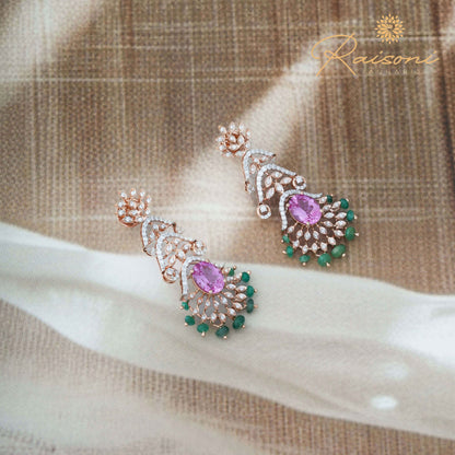 Royal Colombian Pink & Green Moti Lab Diamond Necklace Set for Women – With Earrings