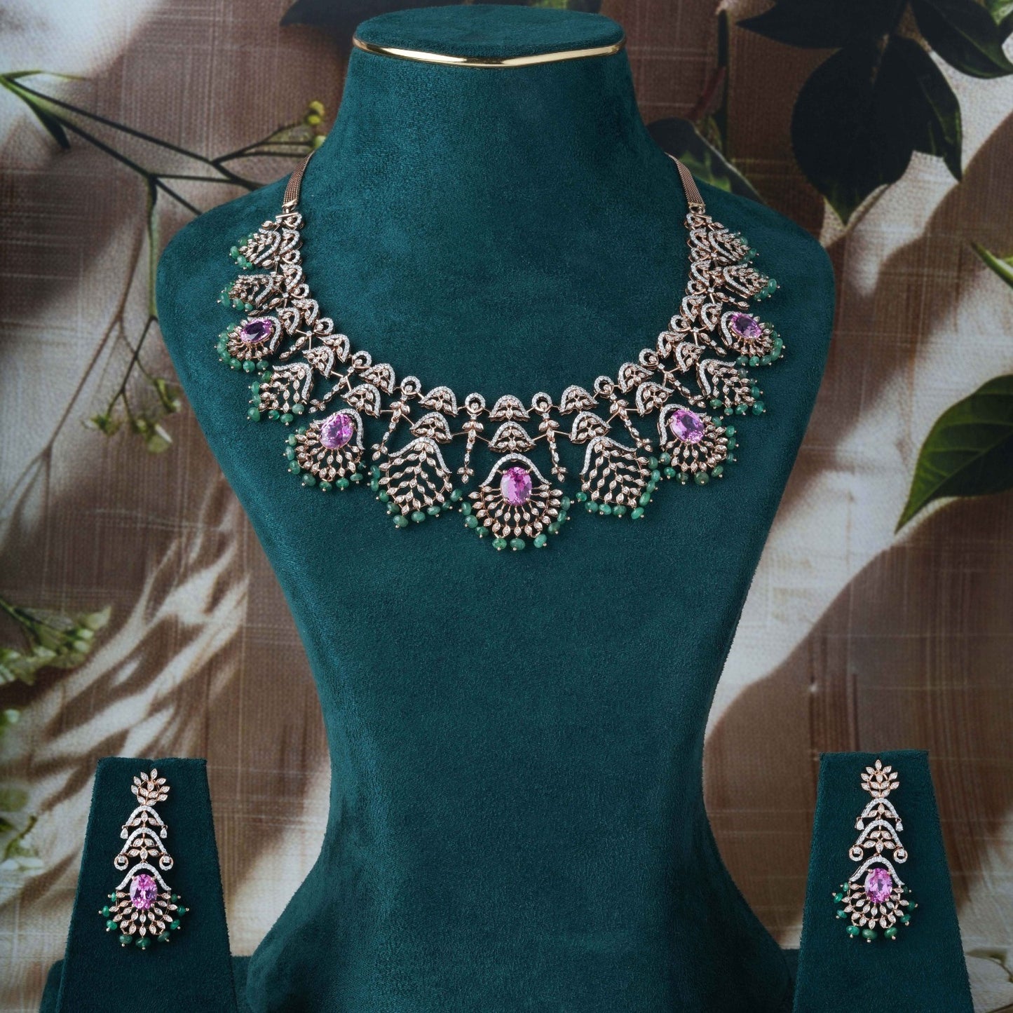 Royal Colombian Pink & Green Moti Lab Diamond Necklace Set for Women – With Earrings