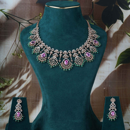 Royal Colombian Pink & Green Moti Lab Diamond Necklace Set for Women – With Earrings