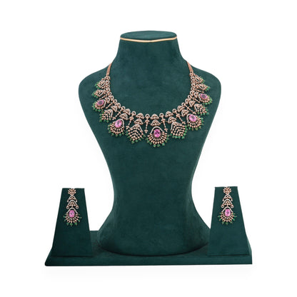 Royal Colombian Pink & Green Moti Lab Diamond Necklace Set for Women – With Earrings