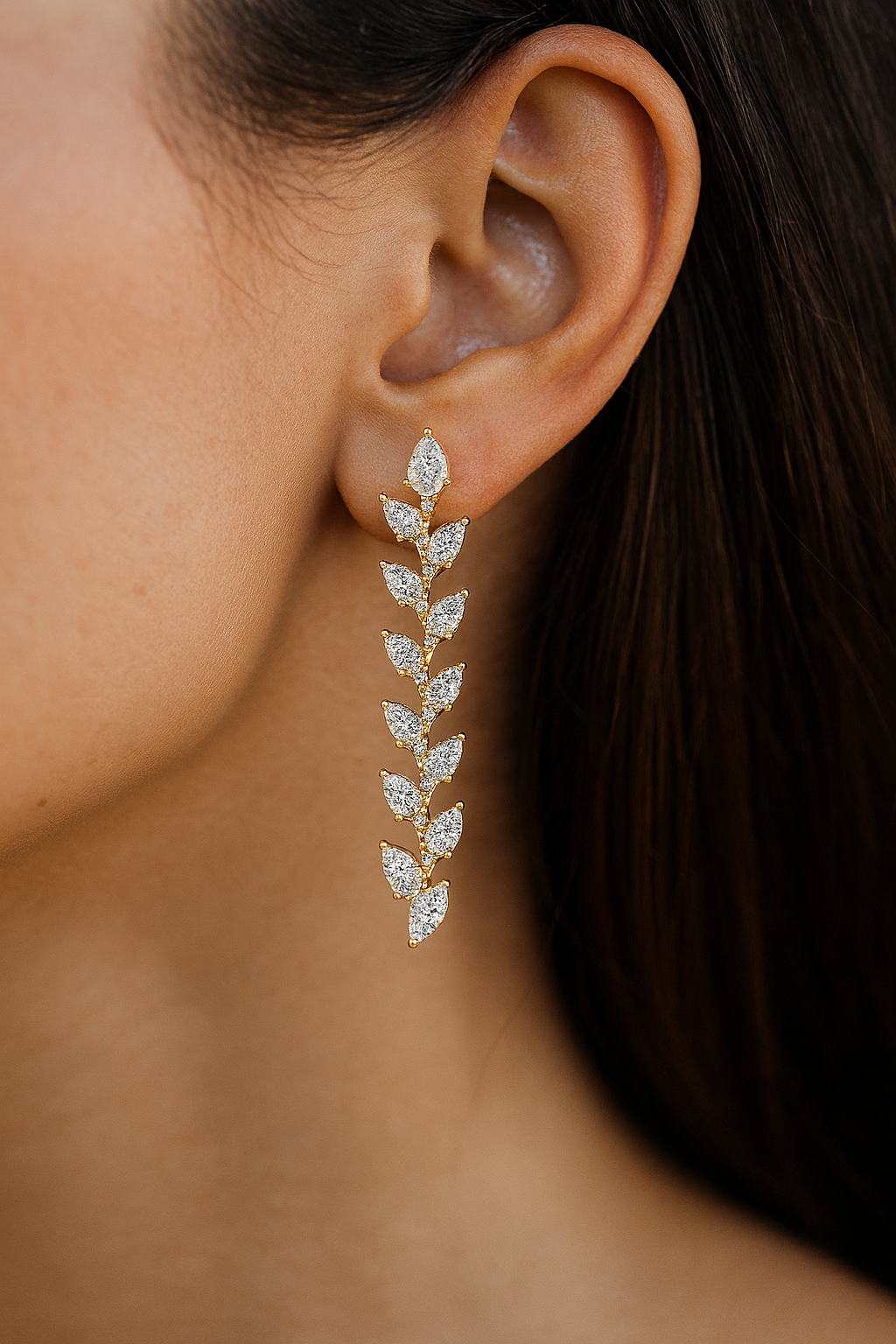 Leaf Design Long Drop Lab Diamond Earrings