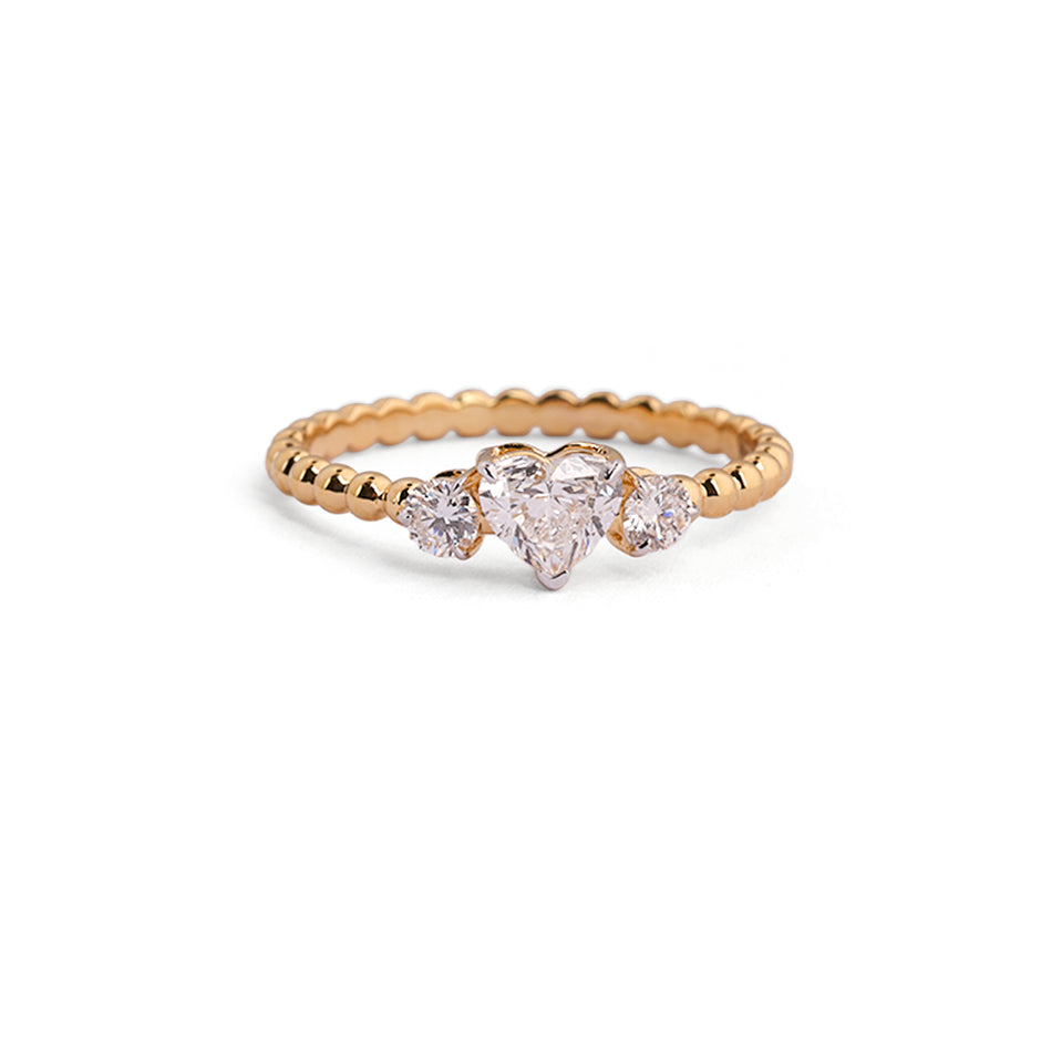 Heart-centre three-stone lab-grown diamond ring with beaded band front view