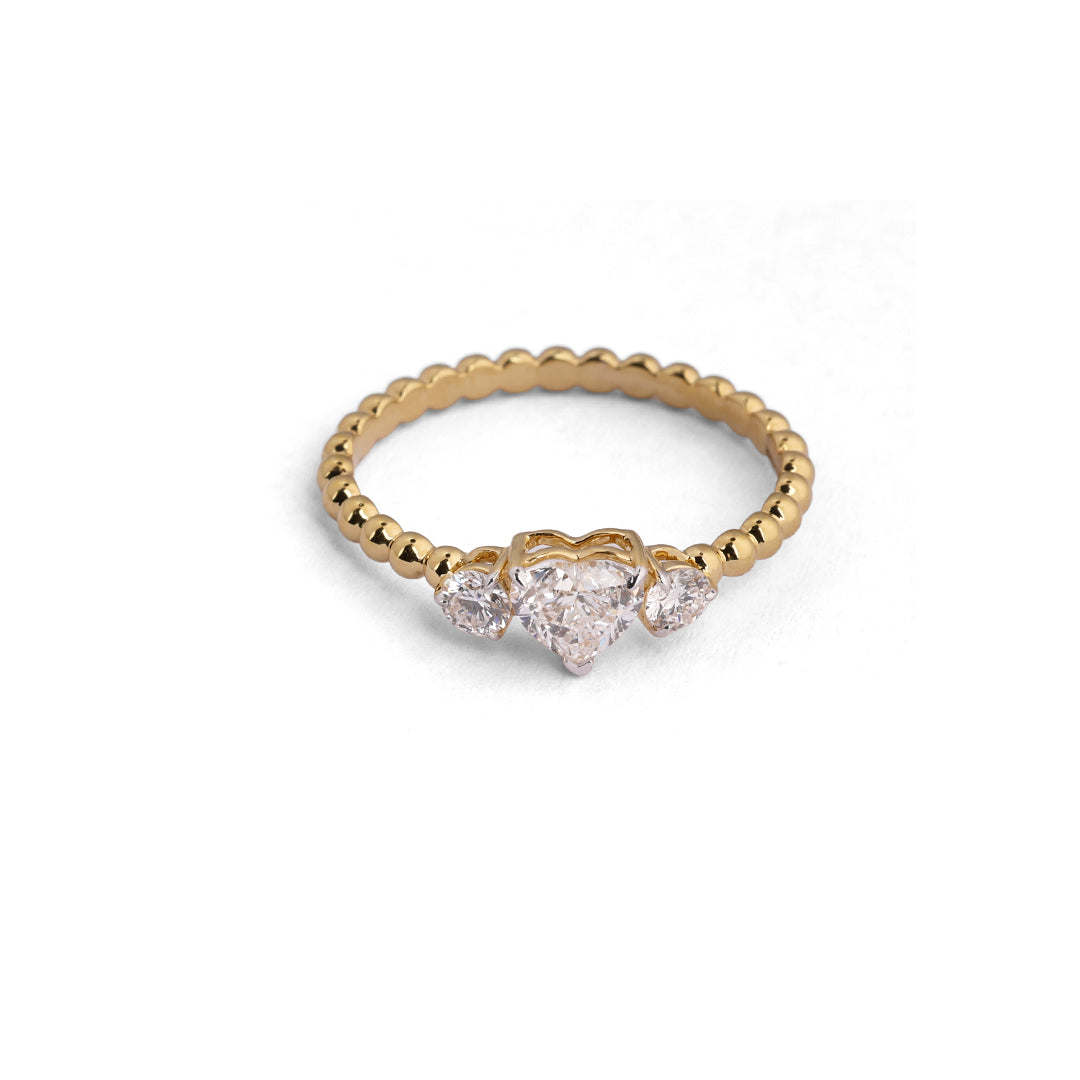 Heart-centre three-stone lab-grown diamond ring with beaded band side view