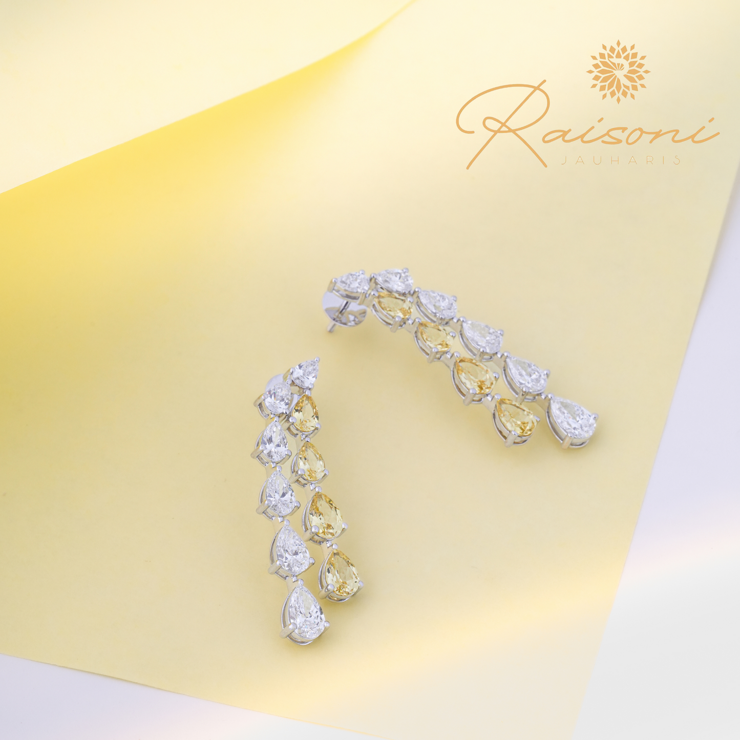 Long Drop Dancing Earring in Pear Lab Diamond and Yellow Sapphire