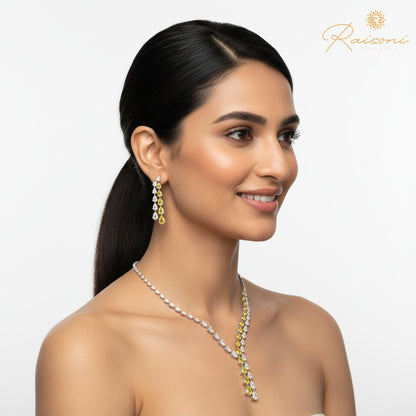 Two-Tone Lab Diamond & Yellow Sapphire Necklace Set for Women – With Earrings, 14K White Gold