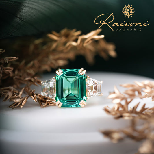 Emerald-Cut Colombian Green Lab Gemstone Ring with Trapezoid & Round Lab Diamonds