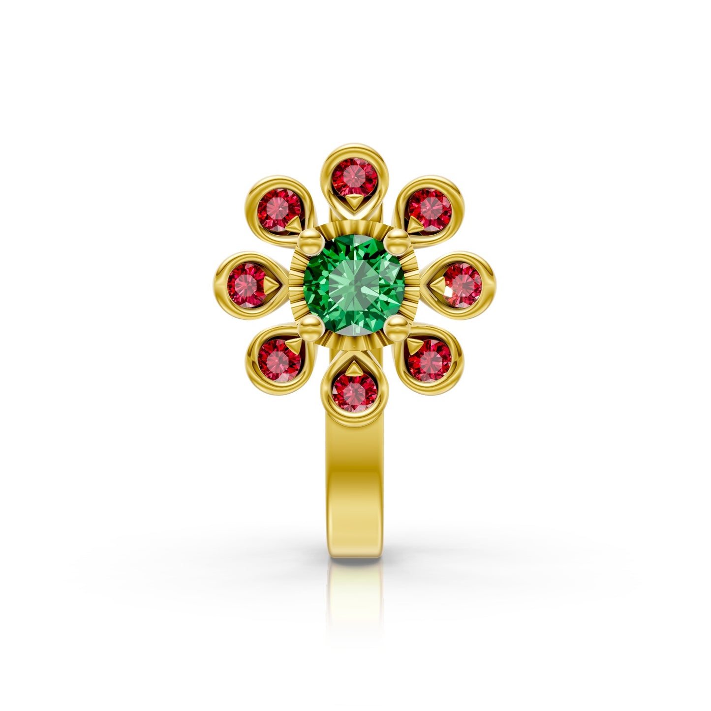 Radiant Emerald & Ruby Floral Blossom Nose Pin in 14K Gold