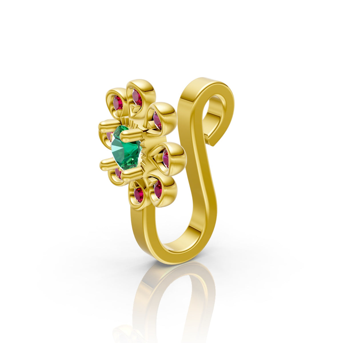 Radiant Emerald & Ruby Floral Blossom Nose Pin in 14K Gold