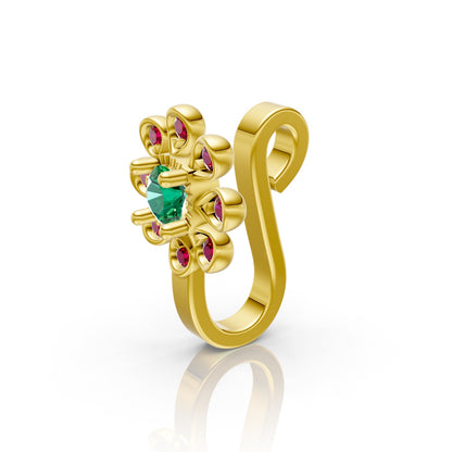 Radiant Emerald & Ruby Floral Blossom Nose Pin in 14K Gold