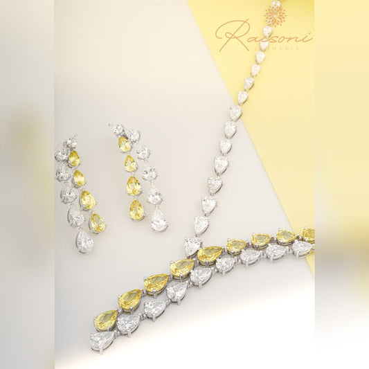 Two-Tone Lab Diamond & Yellow Sapphire Necklace Set for Women – With Earrings, 14K White Gold