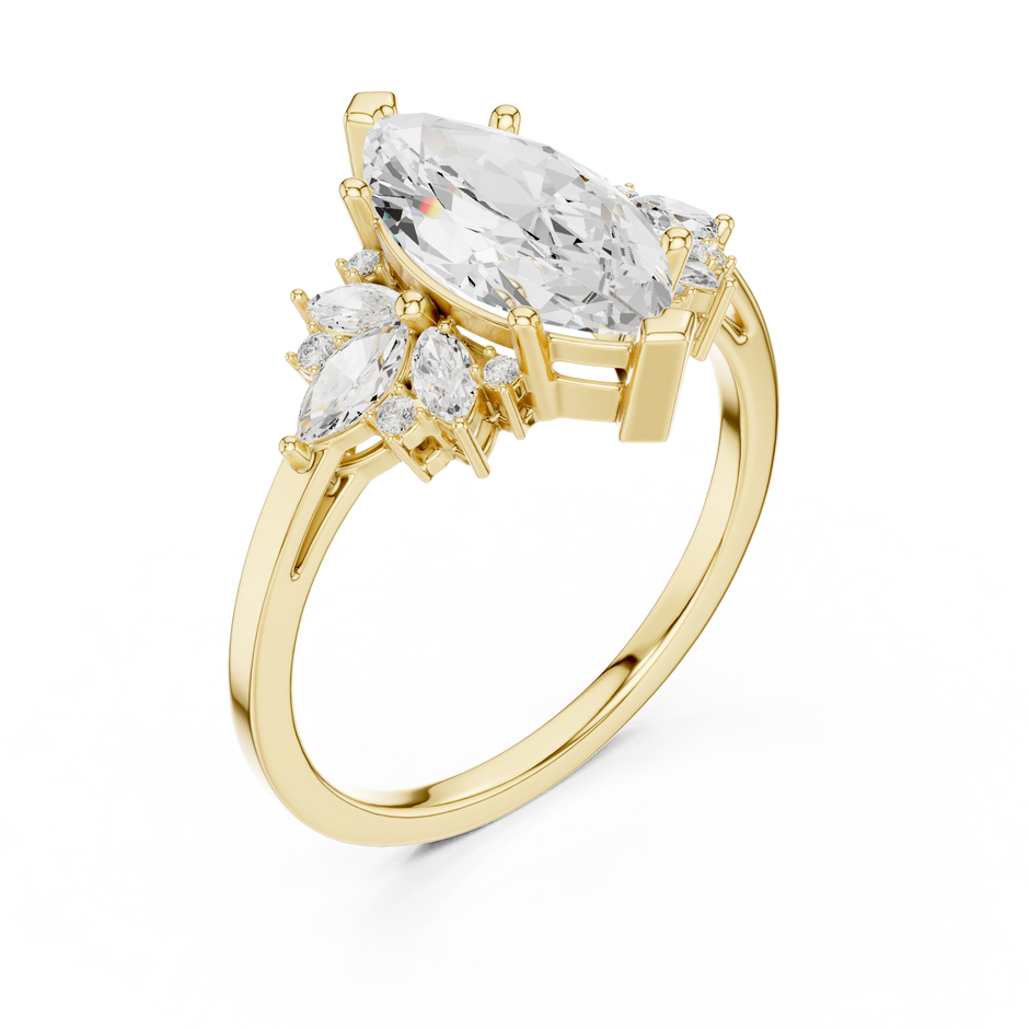 1.5 Carat Marquise-cut Centerpiece Cluster Lab Diamond Ring with Floral-inspired in Yellow Gold