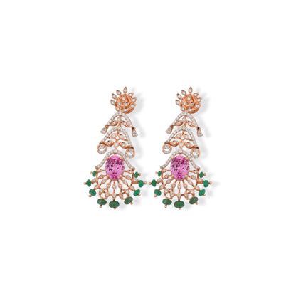 Royal Colombian Pink & Green Moti Lab Diamond Necklace Set for Women – With Earrings